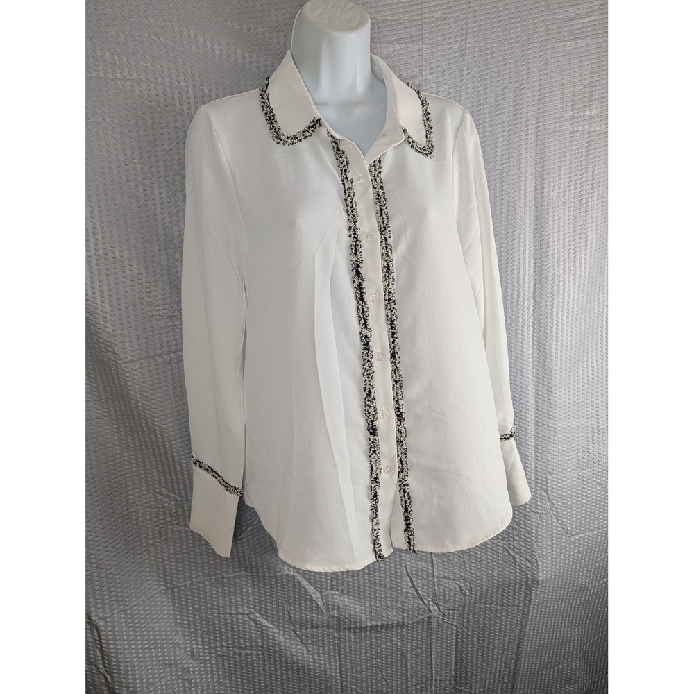 Adrianna Papell Womens Ivory Tweed Trim Button-Up Blouse L/XL Ivory Black Top - Picture 2 of 15